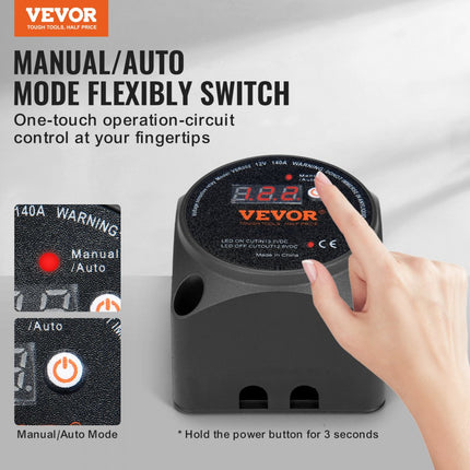 VEVOR Dual Battery Isolator Relay 12V 140A Handmatige automatische modus Spanningsgevoelig VSR-relais met LCD-scherm voor ATV UTV RV Caravan Vrachtwagen Boot Jacht