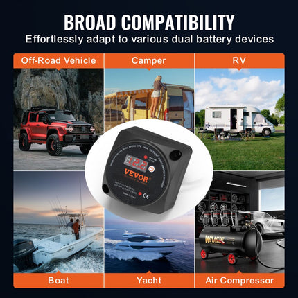VEVOR Dual Battery Isolator Relay 12V 140A Handmatige automatische modus Spanningsgevoelig VSR-relais met LCD-scherm voor ATV UTV RV Caravan Vrachtwagen Boot Jacht