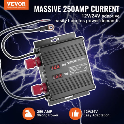 VEVOR 250 AMP spanningsgestuurd isolatorrelais, 12V / 24V universeel VSR spanningsgevoelig relais batterij-isolator, voor auto vrachtwagen ATV RV batterijstarter controller aan / uit-schakelaar