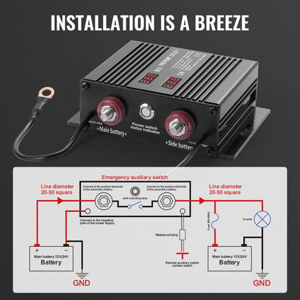 VEVOR 250 AMP spanningsgestuurd isolatorrelais, 12V / 24V universeel VSR spanningsgevoelig relais batterij-isolator, voor auto vrachtwagen ATV RV batterijstarter controller aan / uit-schakelaar