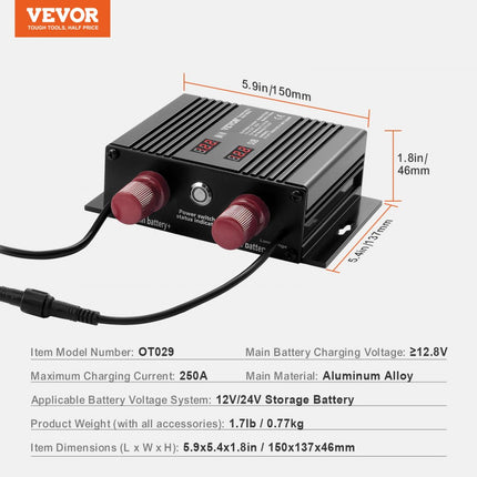 VEVOR 250 AMP spanningsgestuurd isolatorrelais, 12V / 24V universeel VSR spanningsgevoelig relais batterij-isolator, voor auto vrachtwagen ATV RV batterijstarter controller aan / uit-schakelaar