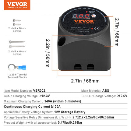 VEVOR spanningsgestuurd scheidingsrelais 12V 140A handmatige automatische modus spanningsgevoelige VSR-relais met LCD-scherm voor ATV UTV RV SUV vrachtwagen boot jacht