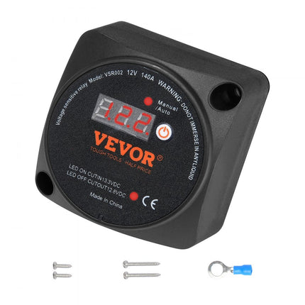 VEVOR spanningsgestuurd scheidingsrelais 12V 140A handmatige automatische modus spanningsgevoelige VSR-relais met LCD-scherm voor ATV UTV RV SUV vrachtwagen boot jacht