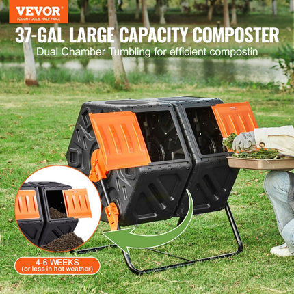 VEVOR Tumbling Composter Composter Tumbler 140 L, Drum Composter Draaibaar Tweepersoonskamer Tumbling Composter 785 x 605 x 795 mm, 40 kg Heavy Duty Tuincomposter incl. Handschoenen