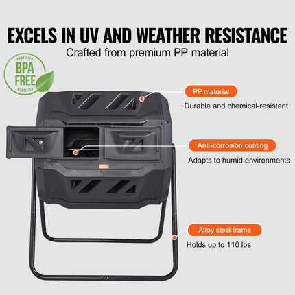 VEVOR Tumbling Composter Composter Tumbler 162,7 L, Drum Composter Draaibaar Tumbling Composter 735 x 625 x 955 mm, 50 kg Heavy Duty Tuincomposter incl. Handschoenen