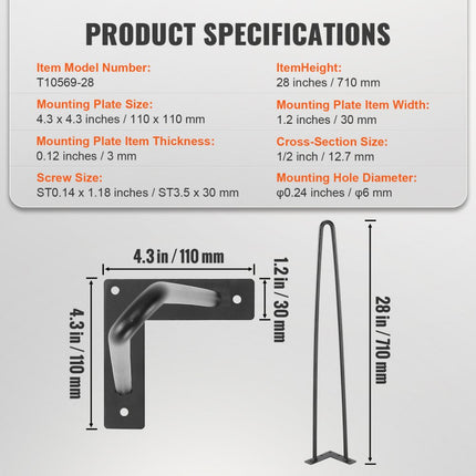 VEVOR set van 4 tafelpoten haarspeldpoten 710mm hoog 110x110mm montageplaat koolstofstaal gepoedercoate haarspeldpoten 227kg draagvermogen Ideaal voor keukentafels woonkamer consoles studiotafels