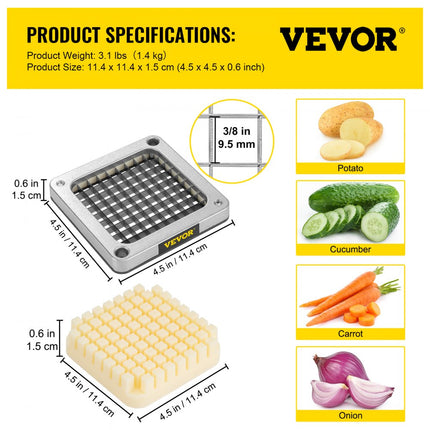 VEVOR vervangend hakmes 3/8" 3-delig frietmes met 6 extra messen, roestvrijstalen snijonderdelen en schuifblok voor het snijden van aardappelen, wortelen, uien