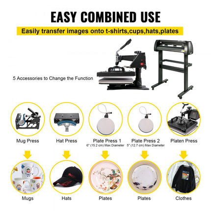 VEVOR Warmte Persmachine, 29x38cm, 5in1 Warmte Persmachine en 870mm Vinyl Cutter Plotter, Snijplotter Machine met Signmaster Software, Professionele Snijplotter met Digitale LED Controller, Bureaublad