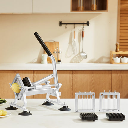 VEVOR Commerciële Groentesnijder, 1/4 + 3/8 + 1/2 Inch Fruitsnijder, Groentesnijder van roestvrij staal en aluminiumlegering, Handmatige snijmachine met antislipvoetjes, voor radijs, uien, aardappelen