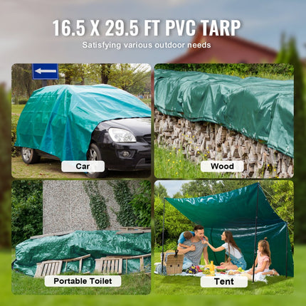 VEVOR groen zeildoek met oogjes 5x9m stoffen zeildoek PVC zeildoek beschermzeil 100% waterdicht UV-bestendig scheurvast houten zeildoek bouwzeil grondzeil ideaal voor kamperen en picknicken