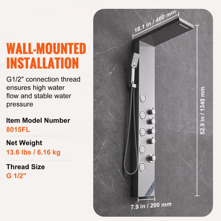 VEVOR douchekolom douchesysteem douchearmatuur, 4 douchemodi, doucheset, regenval, waterval, 5 volledige lichaamsmassagestralen en handdouche met 3 standen en 1,5 m slang, wanddoucheset van roestvrij staal