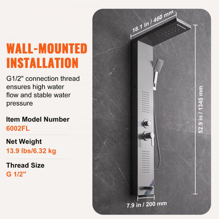 VEVOR douchepaneelsysteem, 5 douchemodi, LED-douchepaneeltoren, regenval, waterval, 2 lichaamsmassagestralen, badkuipuitloop, handdouche met 150 cm slang, roestvrijstalen wandgemonteerde doucheset