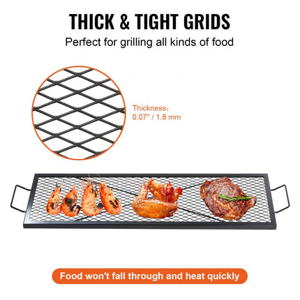 VEVOR X-Marks vuurplaatsgrillrooster, rechthoekig kookrooster, robuust stalen kampvuur BBQ-grillrooster met handvat en ondersteuning X-draad, draagbaar campingkookgerei voor buitenfeestbijeenkomsten, 44 inch zwart