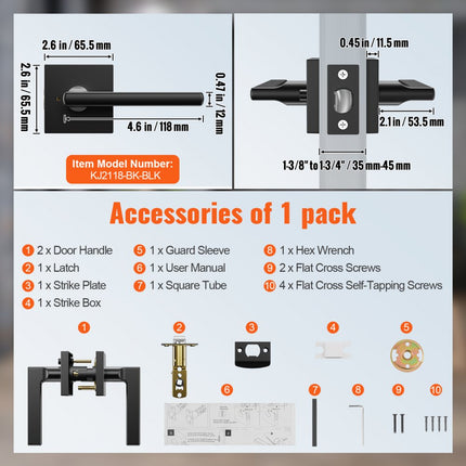 VEVOR 10-delig deurbeslag Compatibele deurdikte 35-45 mm Deurkruk van zinklegering Deurkruk ZONDER blokkeerfunctie Deurknop 60/70 mm Verstelbare krukset 160 x 140 x 65 mm Mat zwart