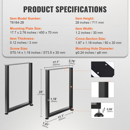 VEVOR set van 2 tafellopers 711 mm hoog tafelframe 454 kg draagvermogen tafelpoten van koolstofstaal meubelpoten zwart tafelonderstel ideaal voor keukentafels woonkamer consoles studiotafels etc.