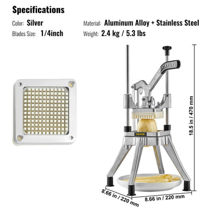 VEVOR Aardappelsnijder Fritessnijder 1/4 inch Frietsnijder Groentesnijder Commerciële Chopper Fruitsnijder met 2 vervangende messen, RVS Chopper Groentesnijder