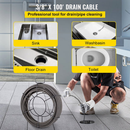 VEVOR Riool Ontstoppingsmachine Afvoerreiniging Spiraal Afvoerreiniging Asafvoerreiniger 100Ft×3/8 30M Spiraal