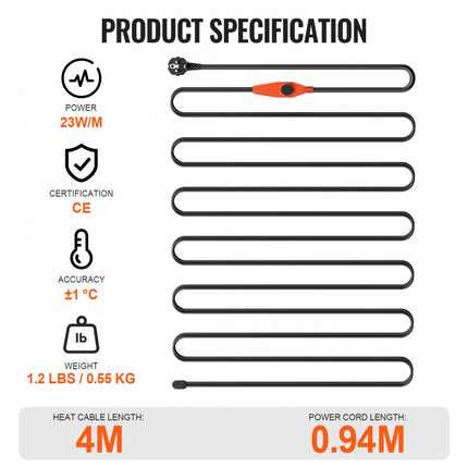 VEVOR buisverwarmingskabel 4m 23W/m buisverwarmingskabel vorstbeveiligingsthermostaat
