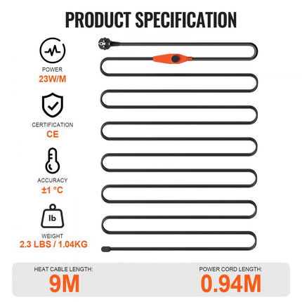 VEVOR buisverwarmingskabel 9m 23W/m buisverwarmingskabel vorstbeveiligingsthermostaat