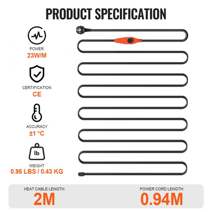 VEVOR buisverwarmingskabel 2m 23W/m buisverwarmingskabel vorstbeveiligingsthermostaat