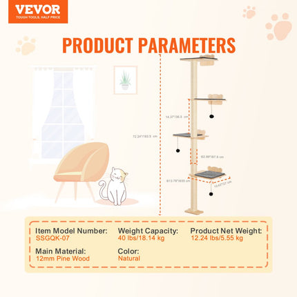 VEVOR Kattenplank Boom Kattenkrabtoren Kattenplank Krabpaal Krabpaal 183,5 cm