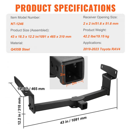 VEVOR Klasse 3 trekhaak, 2" ontvanger, Q455B stalen buisframe, 6000 lbs, multi-fit trekhaak voor kogelmontage, bagagerek, fietsenrek, trekhaak, zwart