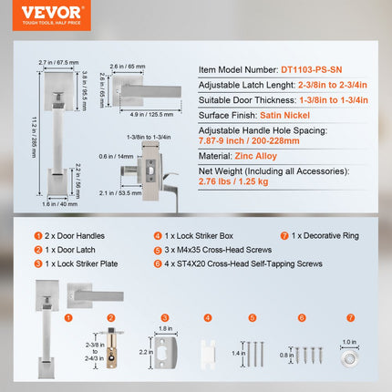 VEVOR voordeurkrukset deurkruk 2-3/8 inch tot 2-3/4 inch deurkrukset van zinklegering, deurbeslag deurkruk deurklink 1-3/8 inch tot 1-3/4 inch passende deurdikte