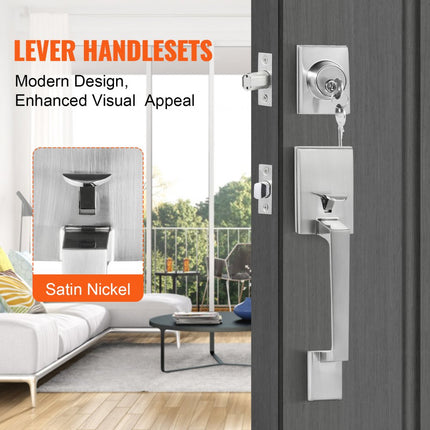 VEVOR voordeurkruk en grendelset, satijnnikkel vierkante handgreepset met hendeldeurhandgreep, enkele cilinder instapdeurhandgreep Deurhandgreep voor rechts- en linkshandige ingangs- en voordeuren