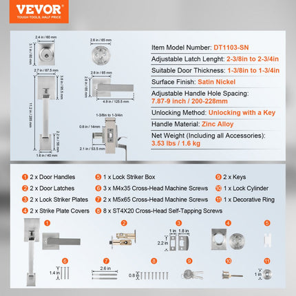 VEVOR voordeurkruk en grendelset, satijnnikkel vierkante handgreepset met hendeldeurhandgreep, enkele cilinder instapdeurhandgreep Deurhandgreep voor rechts- en linkshandige ingangs- en voordeuren
