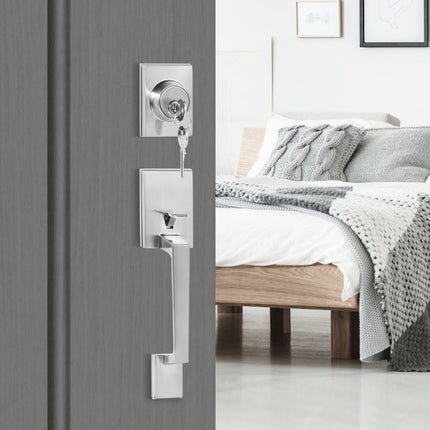 VEVOR voordeurkruk en grendelset, satijnnikkel vierkante handgreepset met hendeldeurhandgreep, enkele cilinder instapdeurhandgreep Deurhandgreep voor rechts- en linkshandige ingangs- en voordeuren