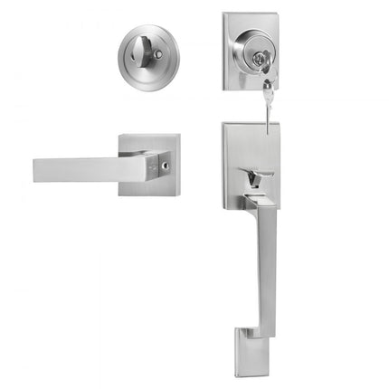 VEVOR voordeurkruk en grendelset, satijnnikkel vierkante handgreepset met hendeldeurhandgreep, enkele cilinder instapdeurhandgreep Deurhandgreep voor rechts- en linkshandige ingangs- en voordeuren