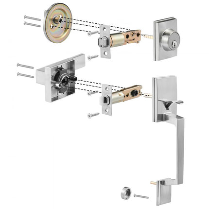 VEVOR voordeurkruk en grendelset, satijnnikkel vierkante handgreepset met hendeldeurhandgreep, enkele cilinder instapdeurhandgreep Deurhandgreep voor rechts- en linkshandige ingangs- en voordeuren