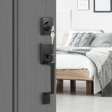 VEVOR voordeurkruk en grendelset, matzwarte vierkante handgreepset met hendeldeurkruk, enkele cilinder instapdeurkruk met omgekeerde functie voor rechts- en linkshandige ingangs- en voordeuren