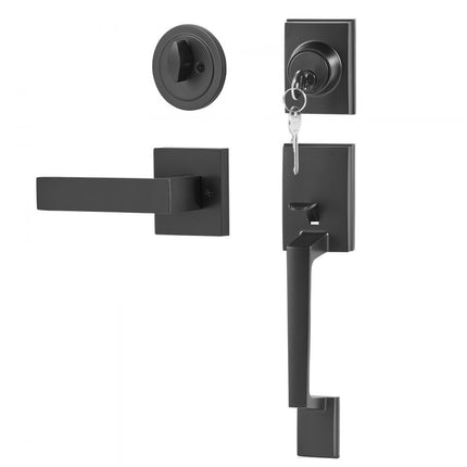 VEVOR voordeurkruk en grendelset, matzwarte vierkante handgreepset met hendeldeurkruk, enkele cilinder instapdeurkruk met omgekeerde functie voor rechts- en linkshandige ingangs- en voordeuren