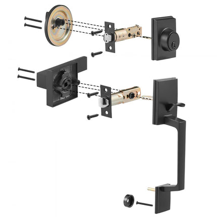 VEVOR voordeurkruk en grendelset, matzwarte vierkante handgreepset met hendeldeurkruk, enkele cilinder instapdeurkruk met omgekeerde functie voor rechts- en linkshandige ingangs- en voordeuren