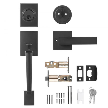 VEVOR voordeurkruk en grendelset, matzwarte vierkante handgreepset met hendeldeurkruk, enkele cilinder instapdeurkruk met omgekeerde functie voor rechts- en linkshandige ingangs- en voordeuren