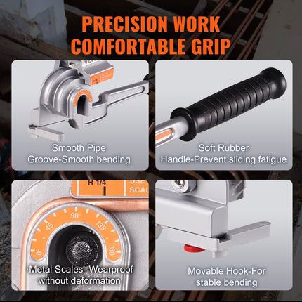 VEVOR pijpenbuiger 1/4", 3/8", 1/2" OD 3-in-1 pijpenbuiger met handmatige waterpas, 180° koperen aluminium pijpbuiggereedschap voor HVAC-airconditioner en koelkastreparatie