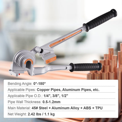VEVOR pijpenbuiger 1/4", 3/8", 1/2" OD 3-in-1 pijpenbuiger met handmatige waterpas, 180° koperen aluminium pijpbuiggereedschap voor HVAC-airconditioner en koelkastreparatie