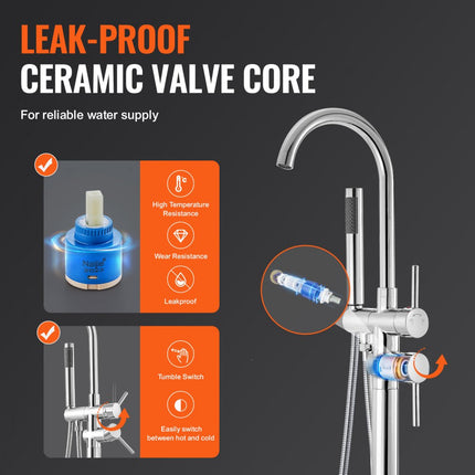 VEVOR vrijstaande badkraan met handdouche, klassieke badkraanset 98 cm hoog, zilveren badkraan 1,61 GPM doorstroom, badkraan douchesysteem douchekraan