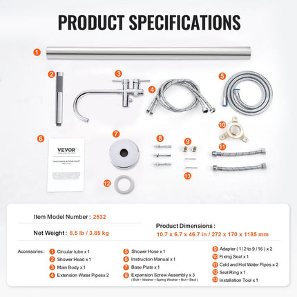 VEVOR vrijstaande badkraan met handdouche, klassieke badkraanset 98 cm hoog, zilveren badkraan 1,61 GPM doorstroom, badkraan douchesysteem douchekraan