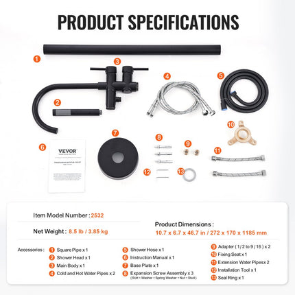 VEVOR vrijstaande badkraan met handdouche, klassieke badkraanset 98 cm hoog, matzwarte badkraan 1,61 GPM doorstroom, badkraan douchesysteem douchekraan
