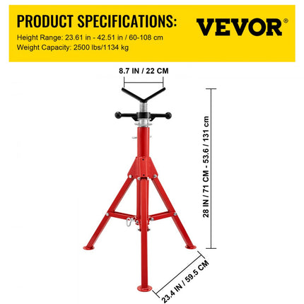 VEVOR V-head pijpstandaard, 1/8"-12" capaciteit, verstelbare hoogte 28"-52", pijpkrikstandaard 2500 lb. Draagvermogen, draagbare opvouwbare buisstandaards, behuizing van koolstofstaal, duurzamer