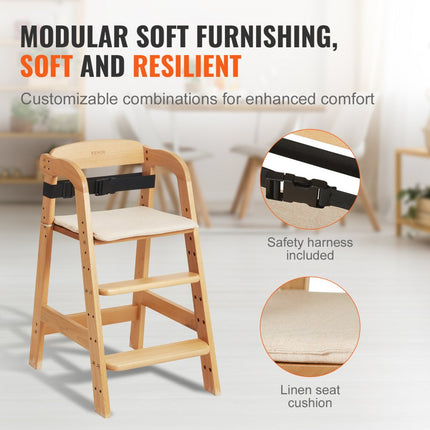 VEVOR houten kinderstoel voor baby's en peuters, converteerbare verstelbare kinderstoel, kinderstoel met zitkussen, draagbare babyverhoger, peuterstoel gemaakt van beukenhout, natuurlijk