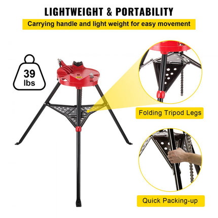 VEVOR driepoot pijpkettingklem met 1/8-6" pijpstandaard opvouwbare stalen poten pijpsteunen met gereedschapsbak statiefkettingklem ideaal voor een verscheidenheid aan pijpmaterialen