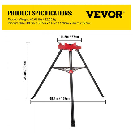 VEVOR driepoot pijpkettingklem met 1/8-6" pijpstandaard opvouwbare stalen poten pijpsteunen met gereedschapsbak statiefkettingklem ideaal voor een verscheidenheid aan pijpmaterialen