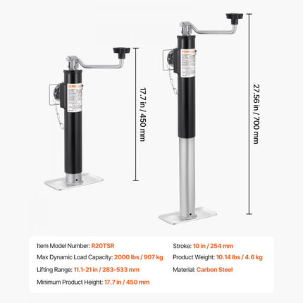 VEVOR aanhangerkrik 907kg draaisteun parkeersteun voor aanhangers 283-533mm