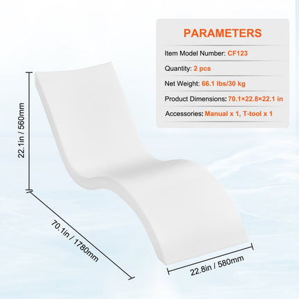 VEVOR ligstoel loungestoelen, 2 stuks Chaise longues, binnenzwembad en zonneplank loungestoelen 1780 x 580 x 560 mm, 200 kg draagvermogen zwembadligstoelen van PE wit, badligstoel zwembadligstoel
