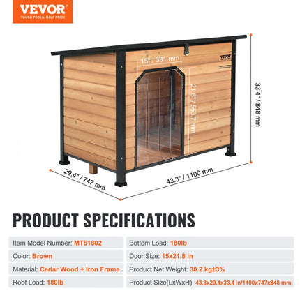 VEVOR Hondenkennel voor buiten, waterdicht hondenhuis met verhoogde vloer, bijtvaste houten hondengrot met ijzeren frame, buiten open dak, voor middelgrote tot grote honden