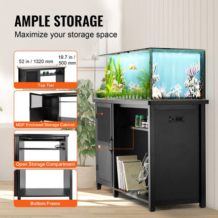 VEVOR Aquariumstandaard, 75 gallon aquariumstandaard, 52" x 20" x 32" schildpadtankstandaard gemaakt van staal en MDF, 500 lb laadvermogen, reptielentankstandaard met opbergkast en geïntegreerde voeding