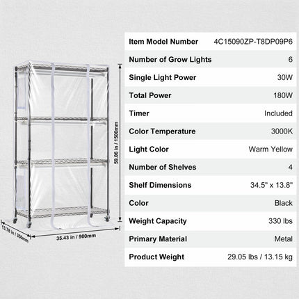 VEVOR plantenstandaard plantenplank 6xkweeklampen 4 niveaus 180W 90x35x150cm
